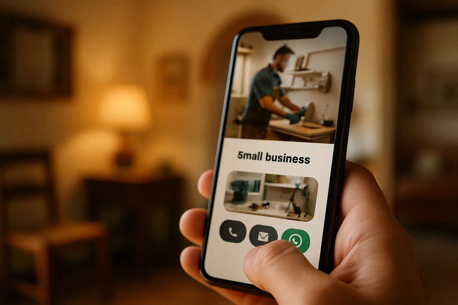 Cliente che contatta un artigiano tramite il pulsante WhatsApp sul sito web da smartphone