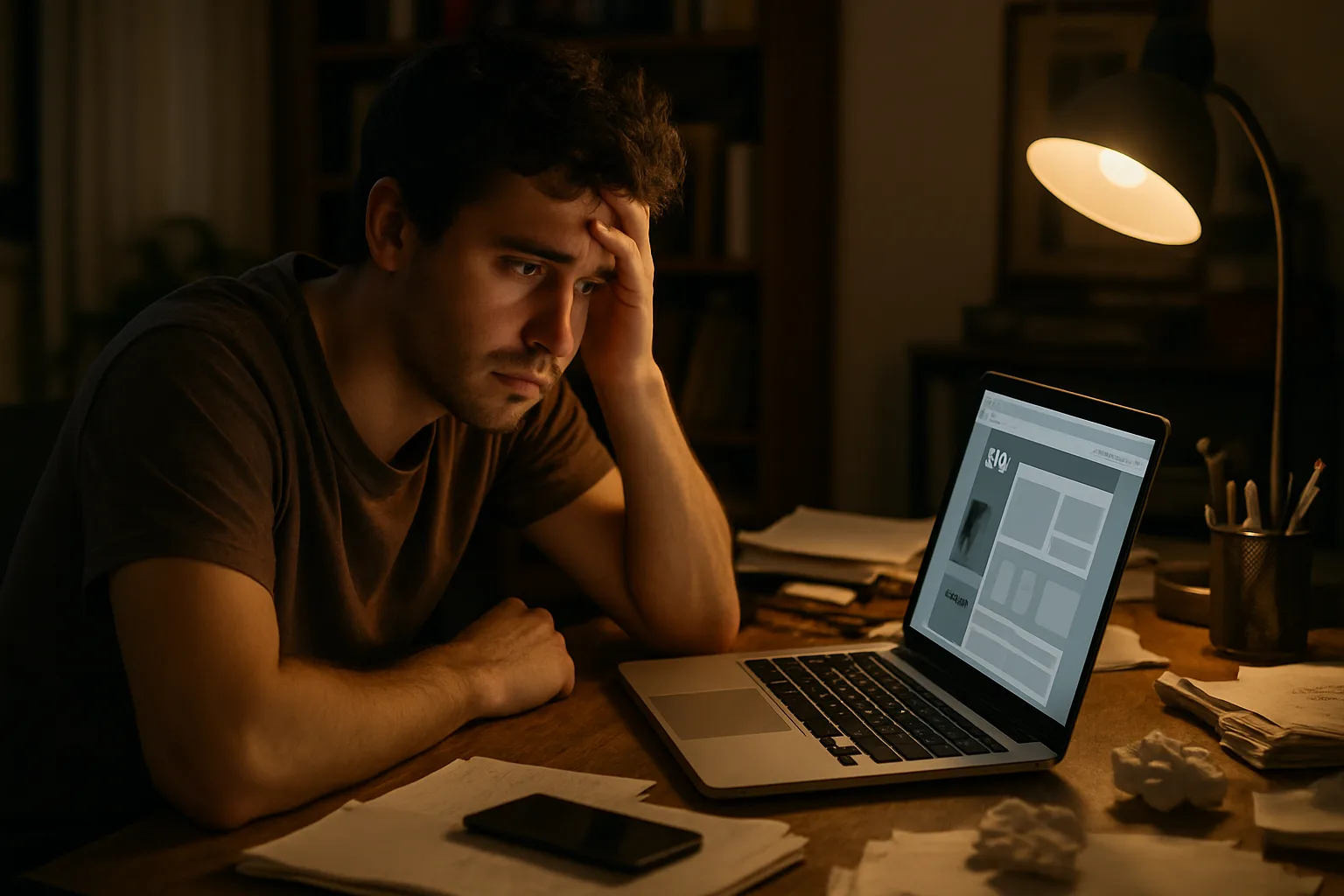 Imprenditore frustrato che lavora su un sito fai-da-te fino a tarda notte