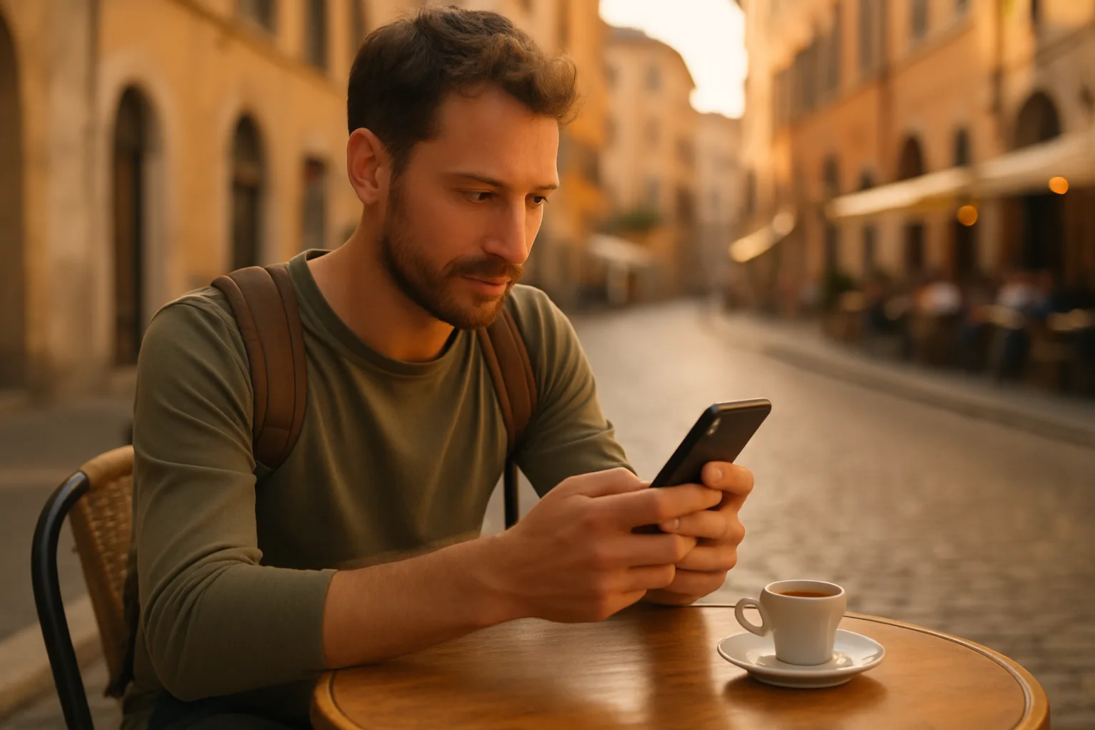 Viaggiatore che usa un assistente AI sullo smartphone per cercare un hotel durante un viaggio in Italia