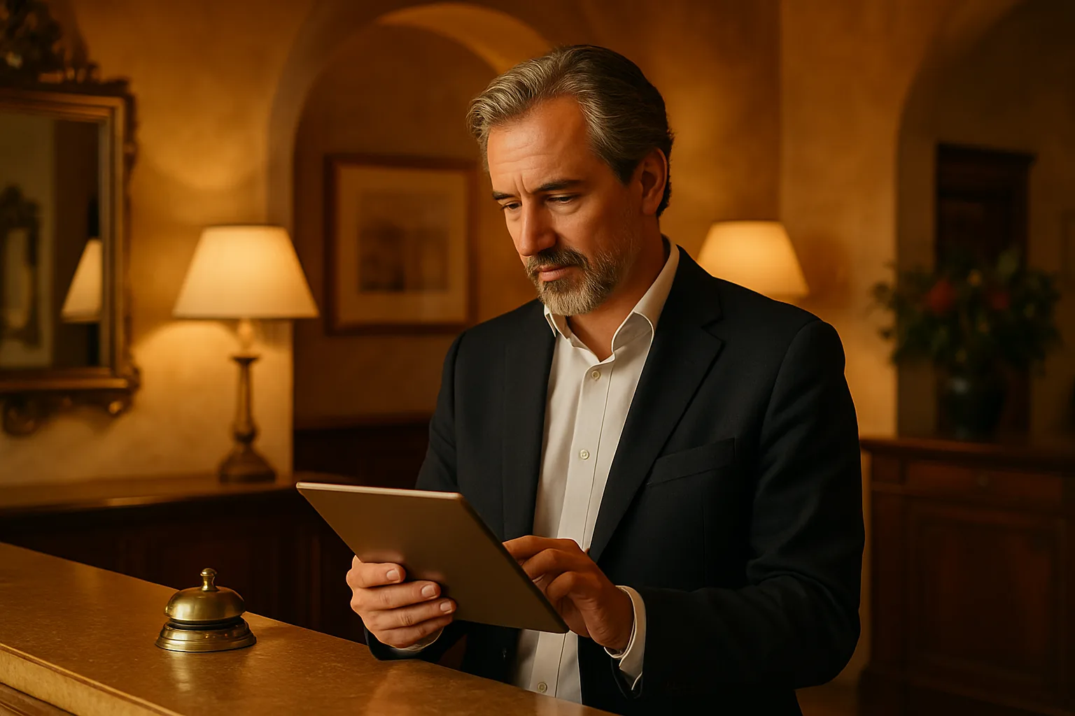 Albergatore italiano che verifica la visibilità del suo hotel sugli assistenti AI