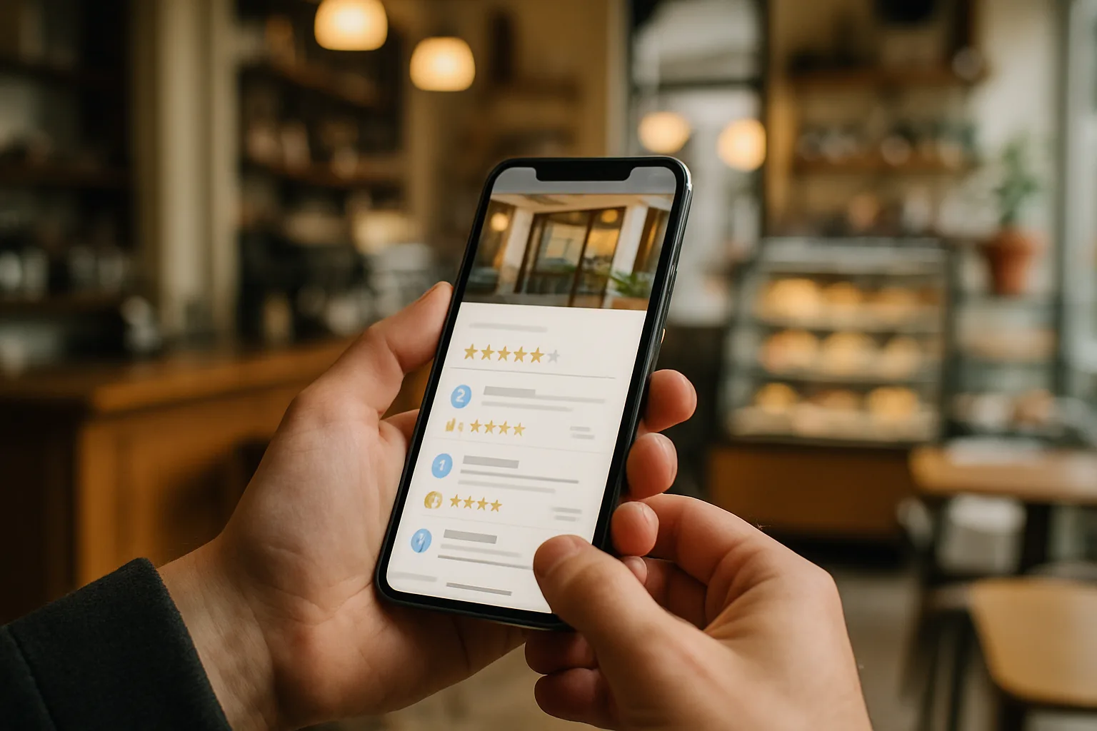 Schermo dello smartphone con recensioni Google di un'attività locale italiana