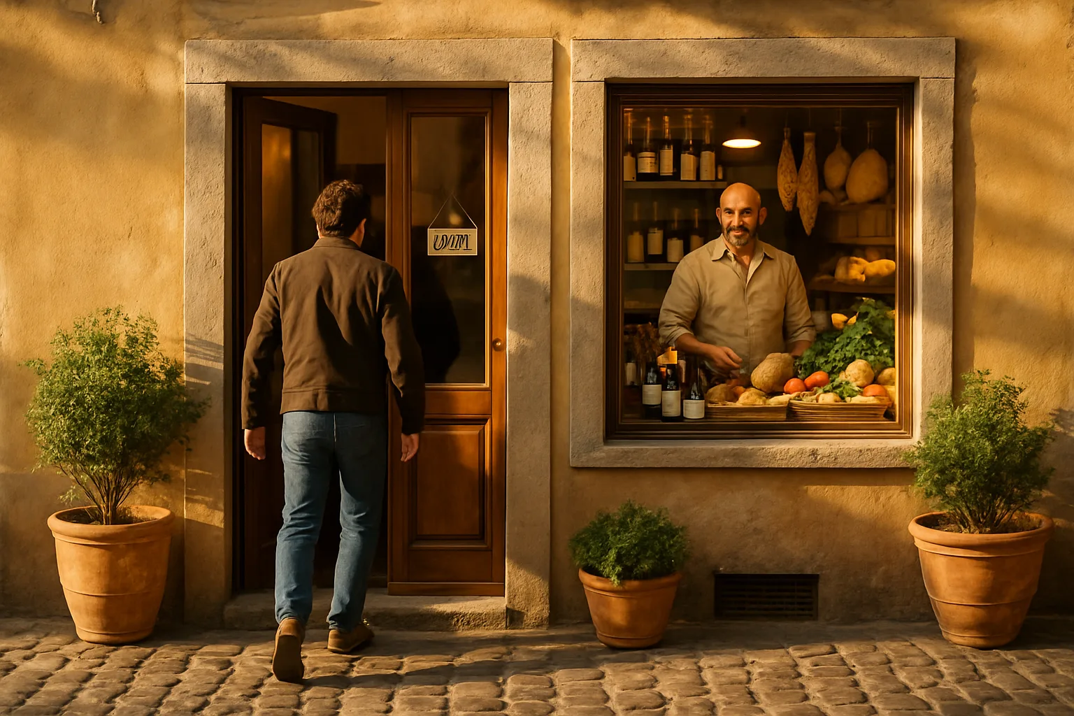 Negozio artigianale italiano aperto al mattino su strada acciottolata