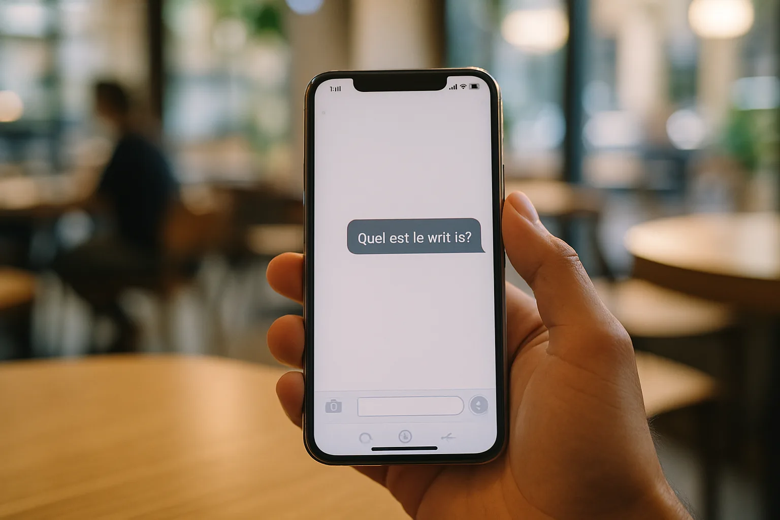 Client posant une question à une IA sur son smartphone dans un café — illustration de la recherche générative