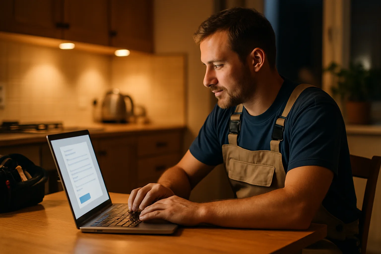 Artisan consultant les demandes de devis reçues via son site internet le soir