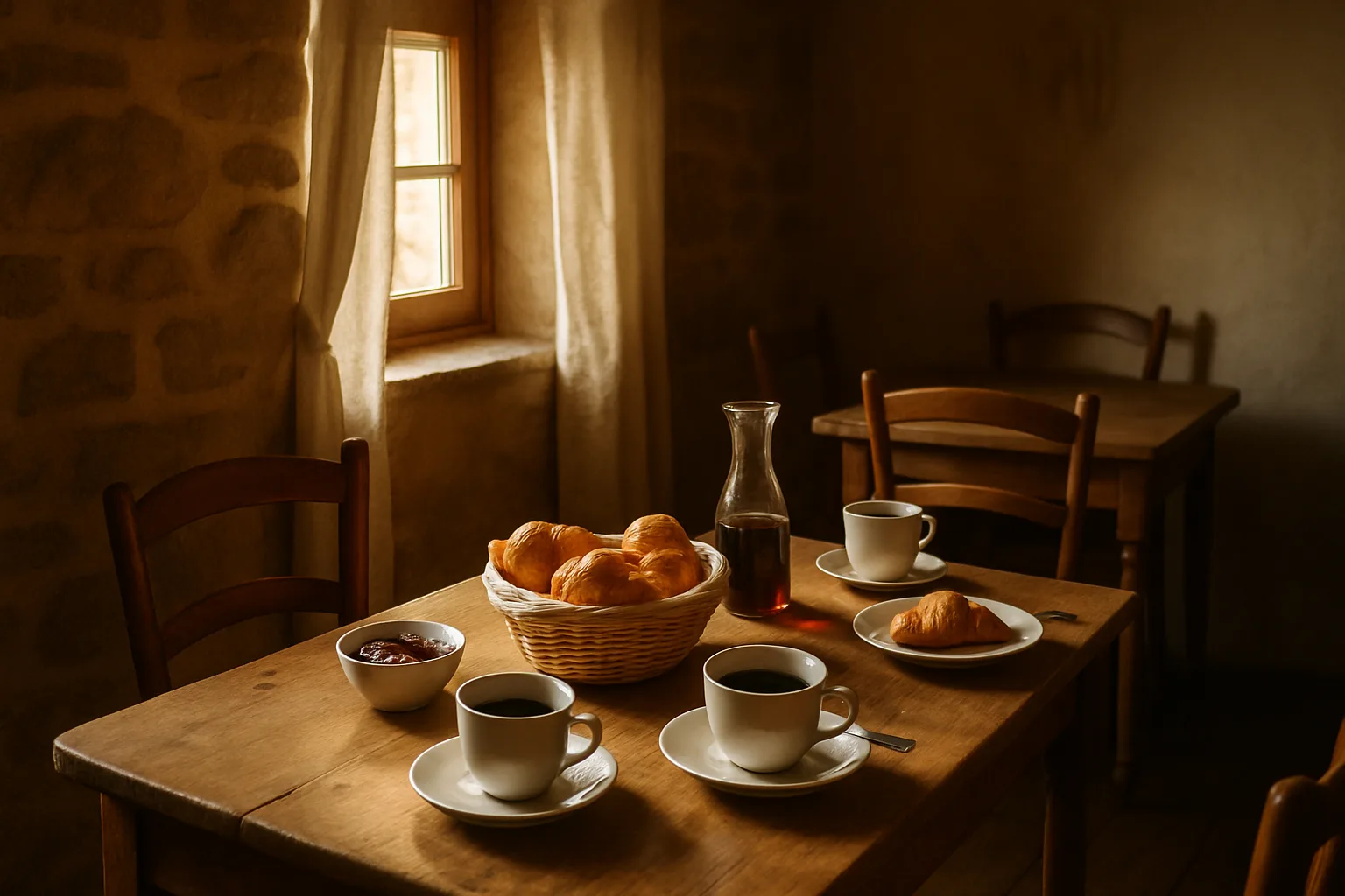 Salle de petit-déjeuner d'une maison d'hôtes française avec table dressée un matin ensoleillé