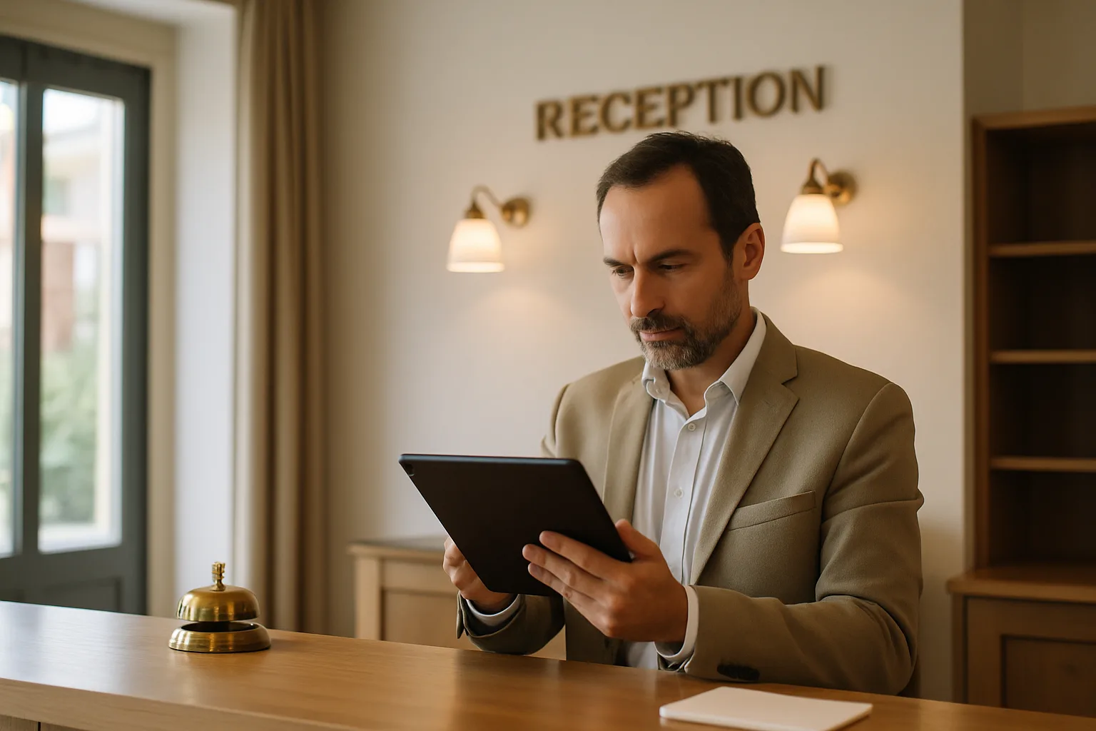 Hôtelier gérant les disponibilités et réservations directes sur une tablette à la réception