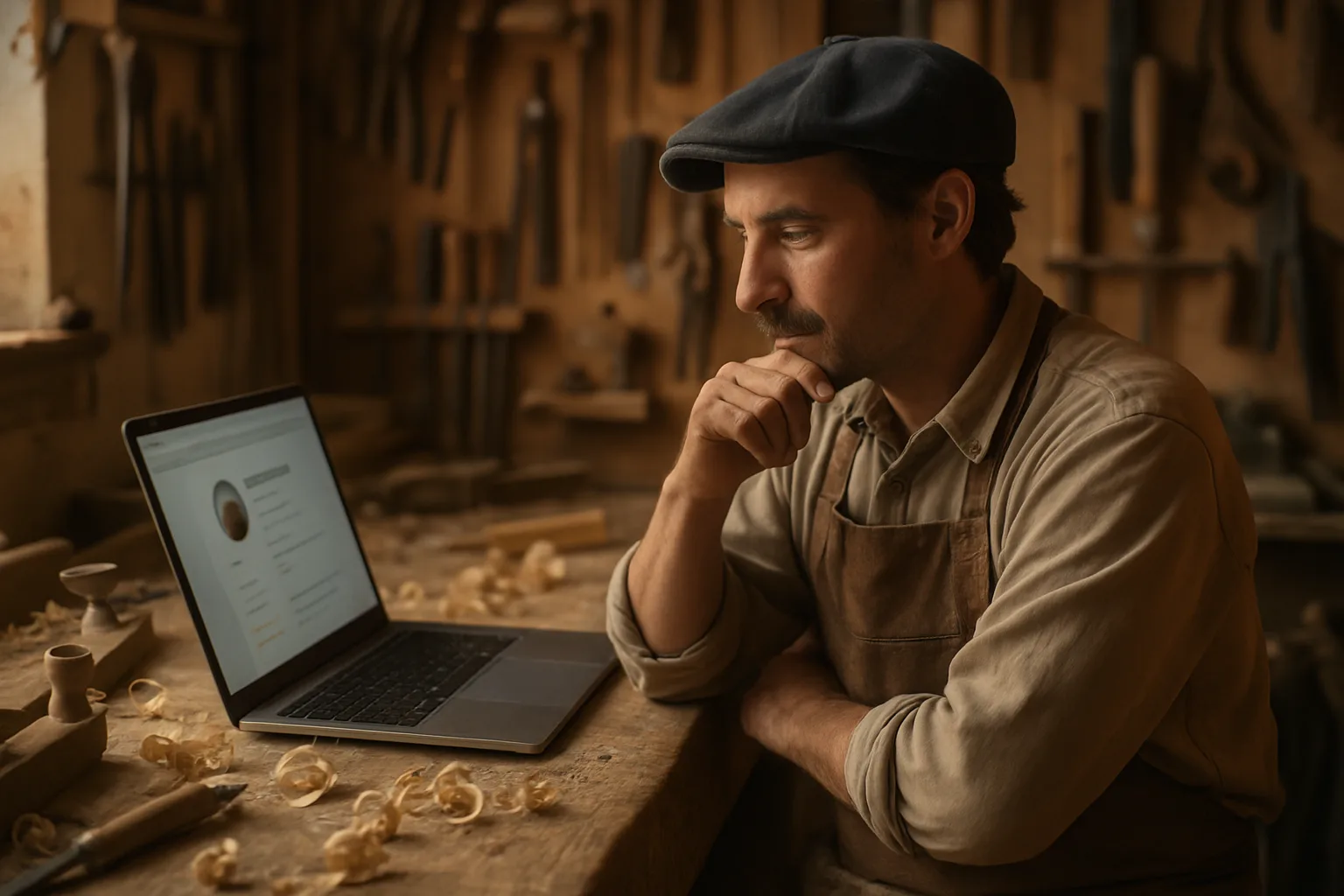 Menuisier optimisant son profil en ligne depuis son atelier