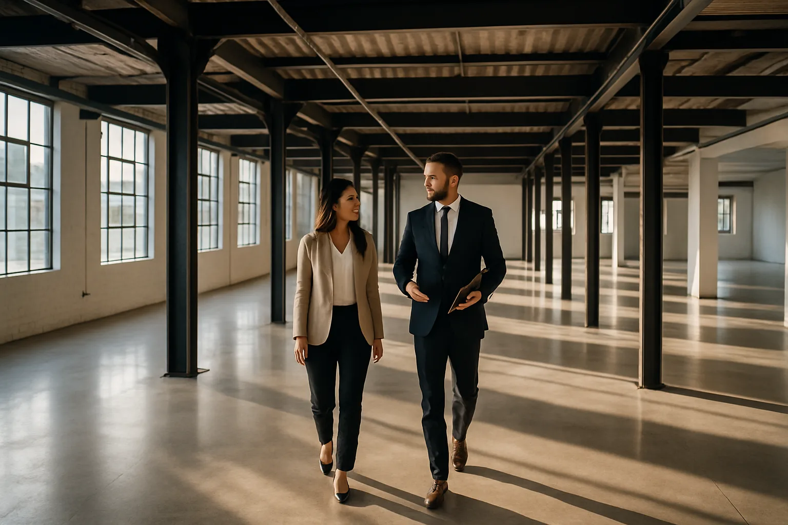 Commercial real estate broker showing a warehouse property to a potential tenant