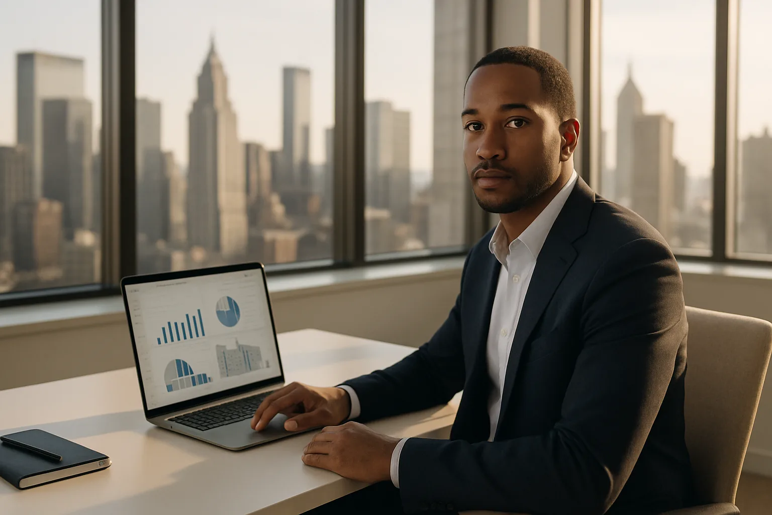 Commercial property broker working at a desk with city skyline in the background