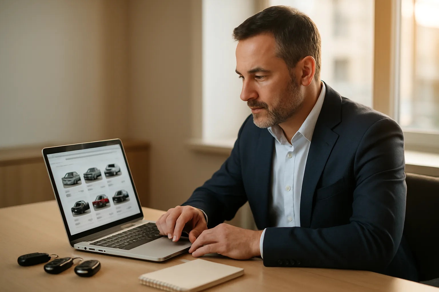 Concessionnaire automobile consultant un e-catalogue de véhicules sur ordinateur portable