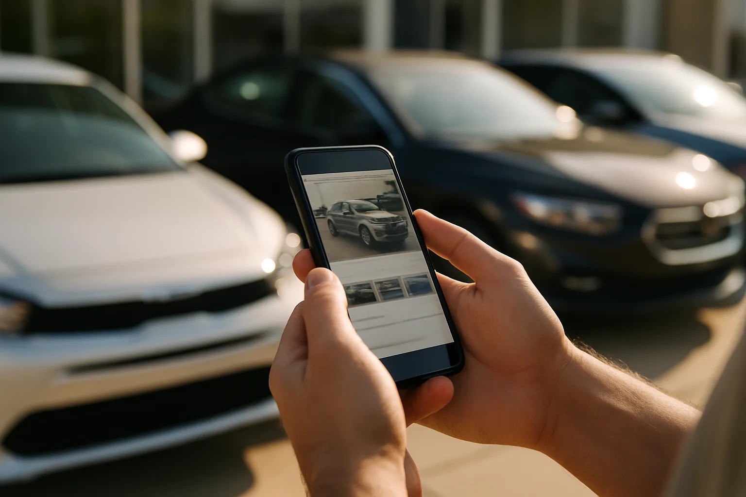 Client parcourant un catalogue voitures en ligne sur smartphone devant une concession automobile