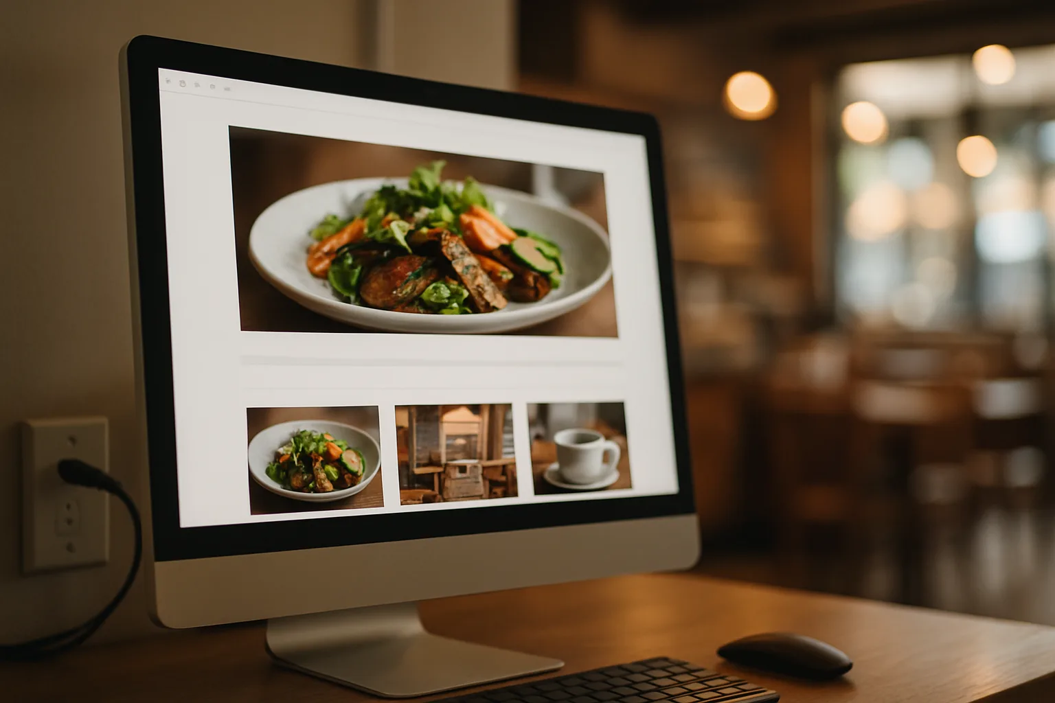 Professional small business website displayed on a desktop monitor in a café office