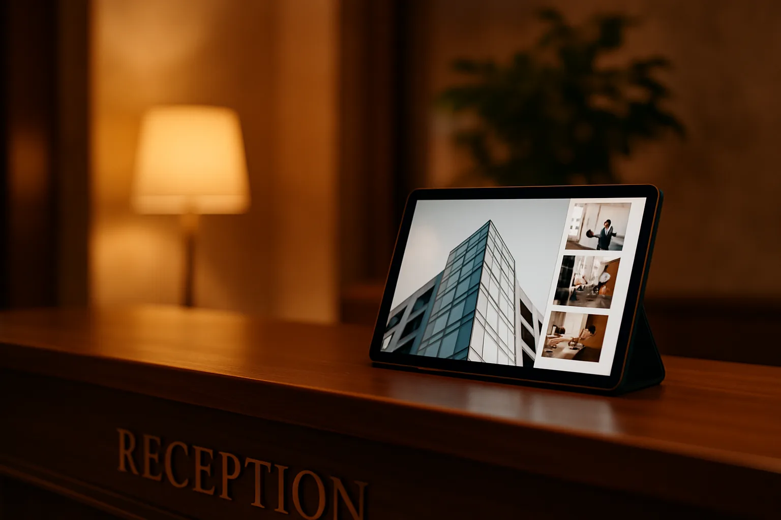 Professional website displayed on a tablet at a boutique hotel reception