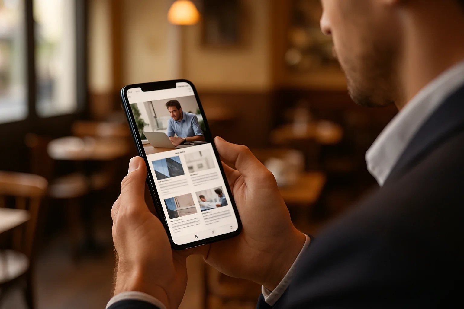 Site internet professionnel affiché sur un smartphone dans un café français