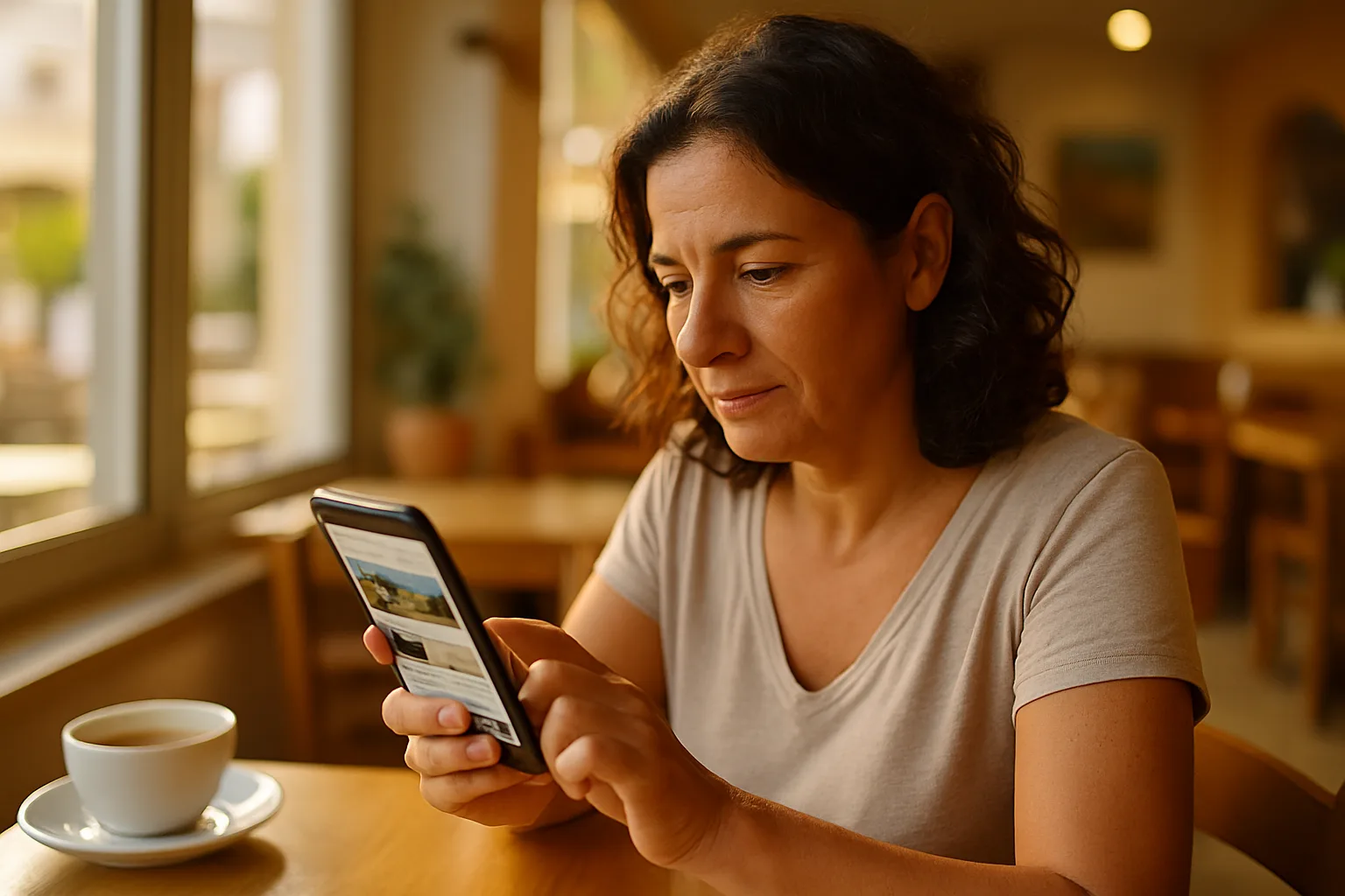 A Cyprus business owner reviewing her new multilingual website on a smartphone