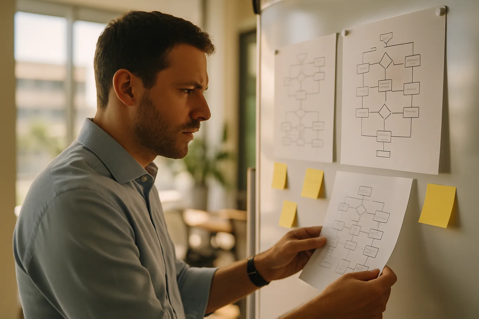 Fachmann analysiert Geschäftsprozesse auf einem Whiteboard in einem Büro in Larnaka