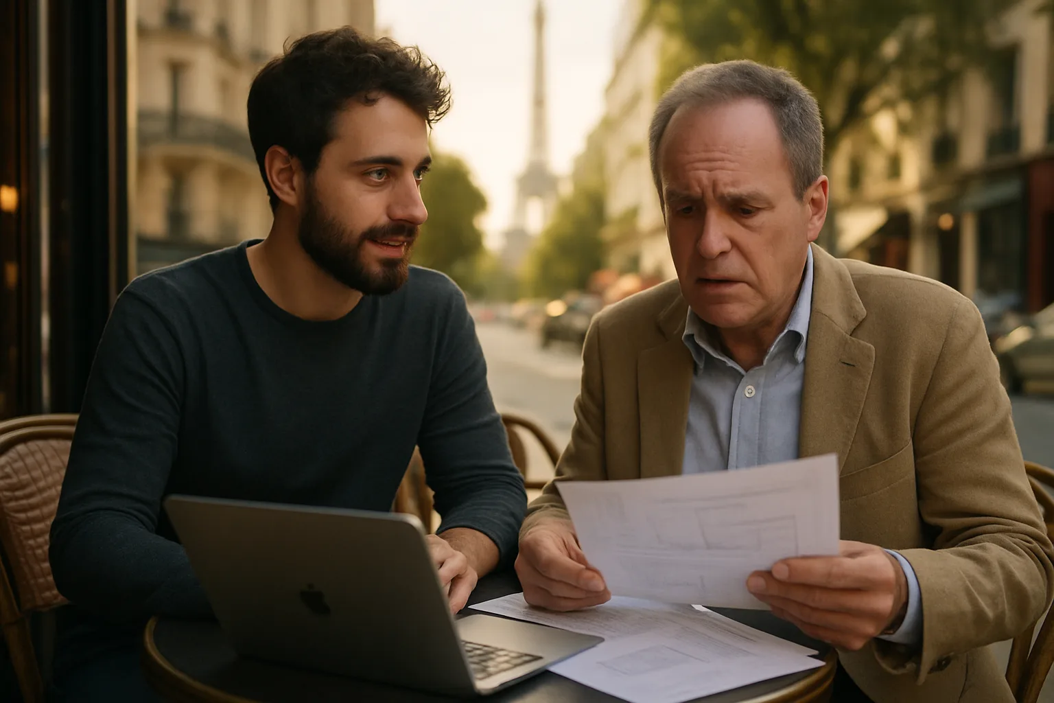 Chef d'entreprise dépassé par la complexité technique lors d'une réunion avec un développeur web