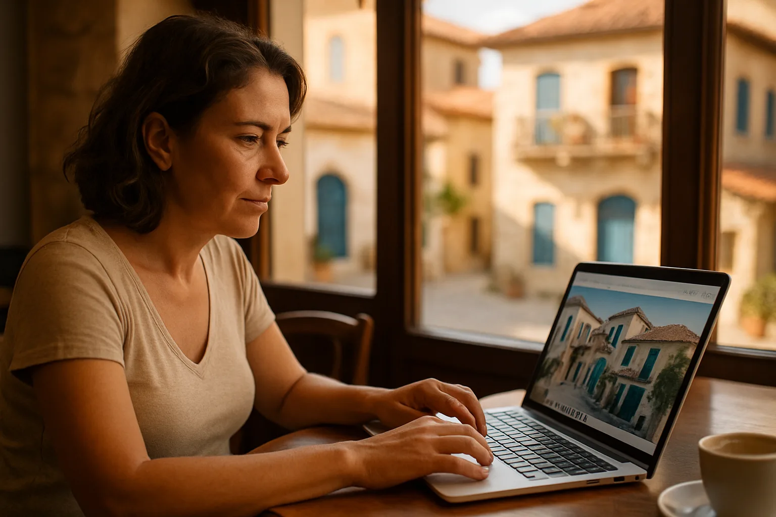 Cyprus small business owner reviewing her new website on a laptop