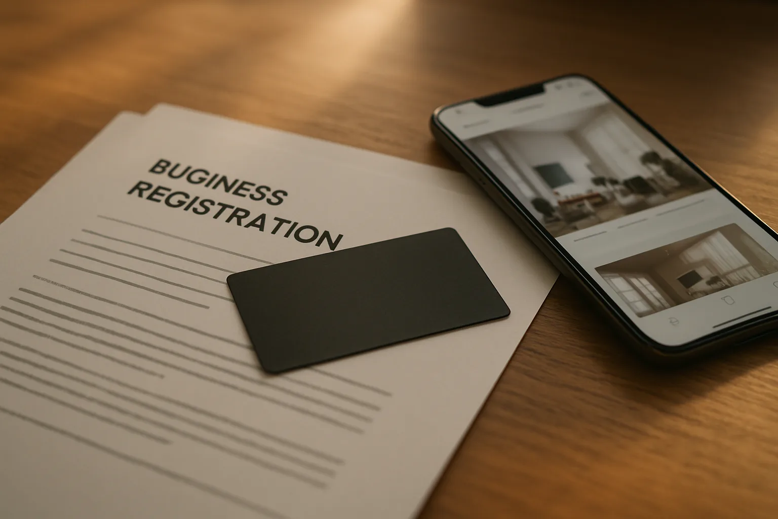 Document de domiciliation d'entreprise posé à côté d'un smartphone affichant un site web professionnel