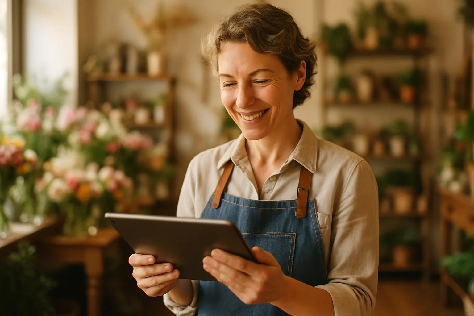 Artisan indépendant vérifiant la visibilité en ligne de son entreprise depuis sa boutique