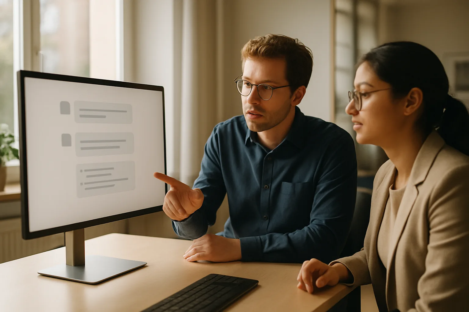 Team bespricht Antworten eines firmeneigenen KI-Chatbots mit Quellenangaben