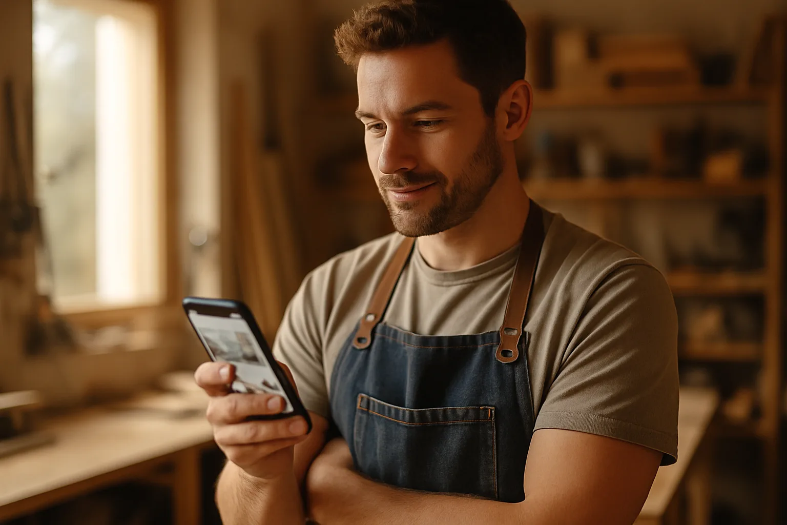 Handwerker überprüft seine Betriebswebsite auf dem Smartphone in seiner Werkstatt