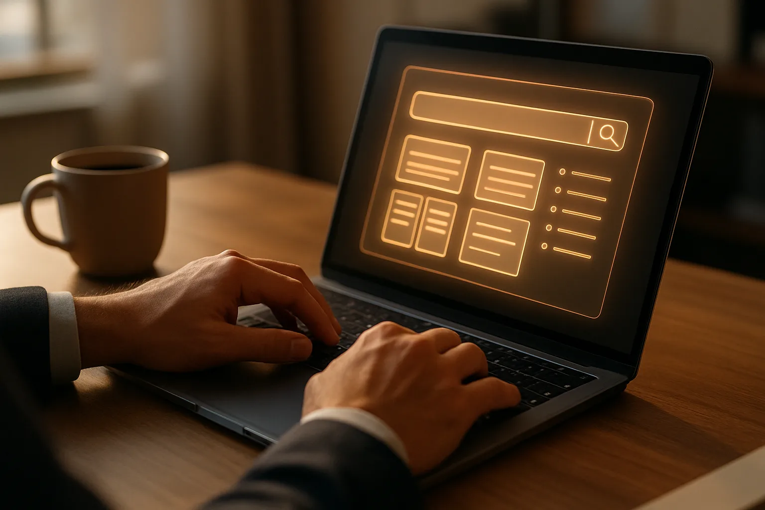 Dirigeant d'entreprise consultant une base de connaissances IA sur son ordinateur portable