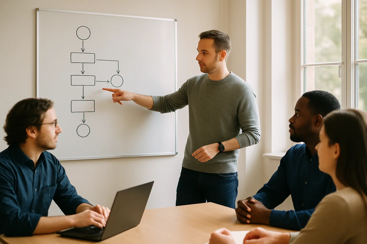 Équipe informatique discutant d'un schéma d'automatisation de processus avec un agent IA