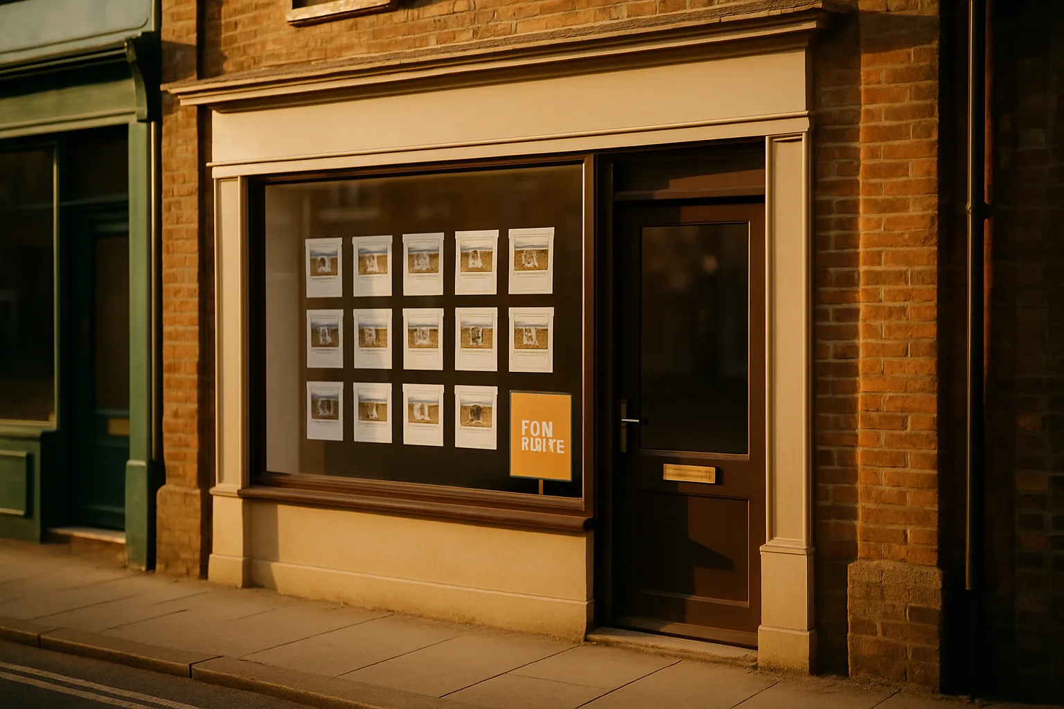 Small estate agency office on a high street with property listings in the window