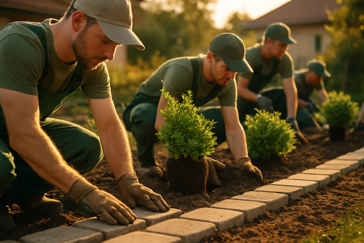 Garten- und Landschaftsbau-Team bei der Arbeit: Bepflanzung und Pflasterarbeiten