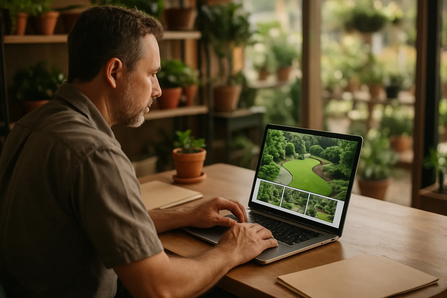 Inhaber eines Gartenbaubetriebs prüft seine neue Homepage am Laptop im Büro