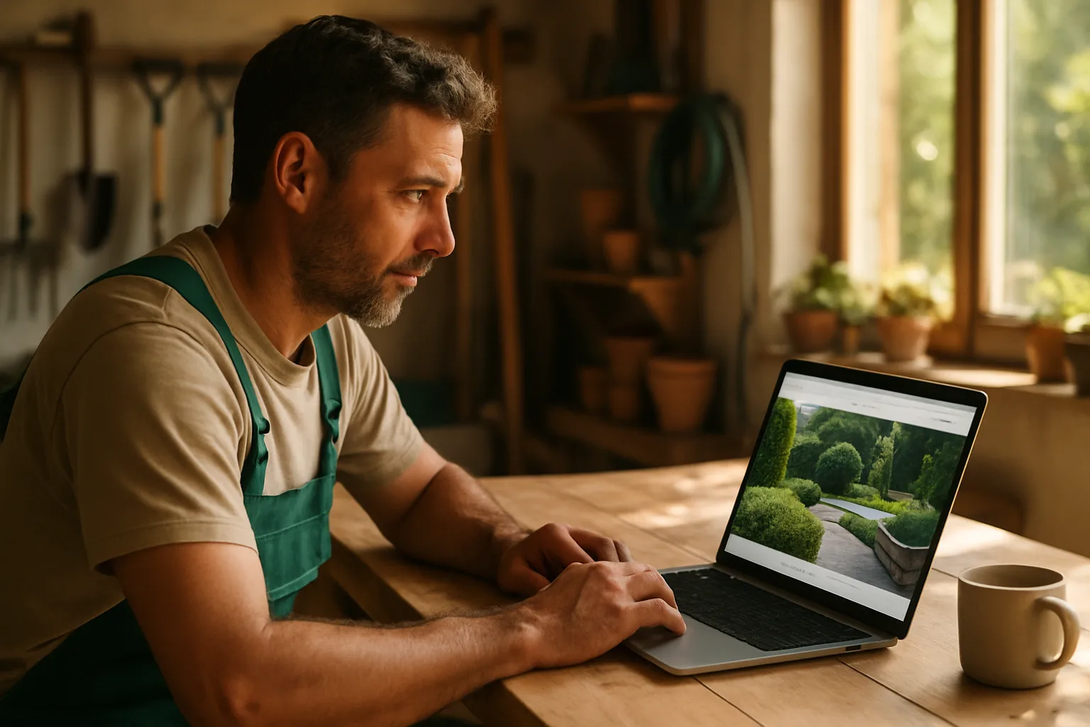 GaLaBau-Inhaber bearbeitet am Laptop die professionelle Website seines Betriebs
