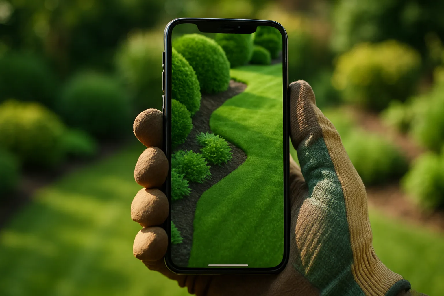 Gartenbauer überprüft die mobile Ansicht der Betriebs-Homepage auf dem Smartphone