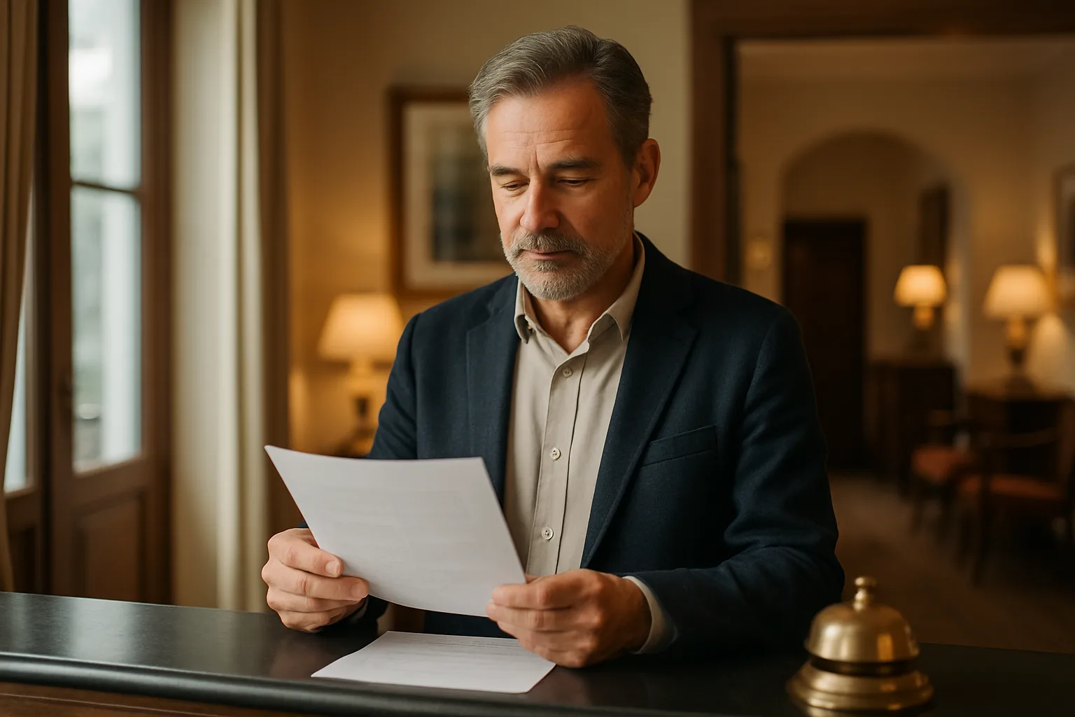 Hotel owner reviewing an AI visibility audit report at the front desk of his boutique hotel