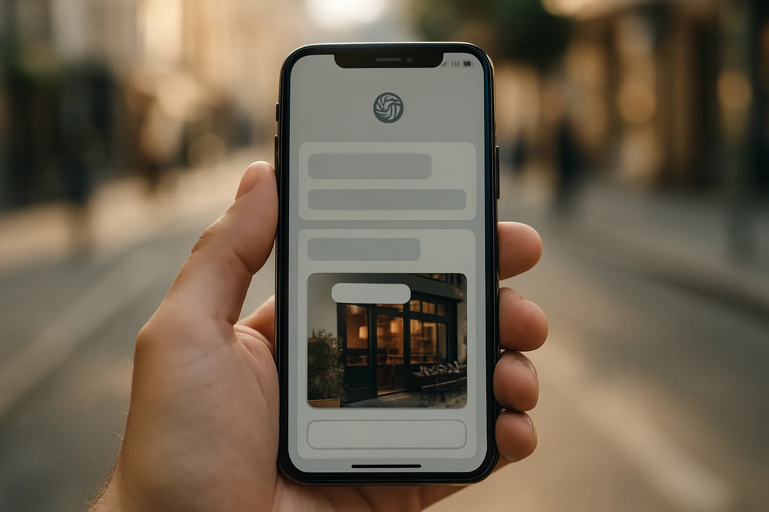 Smartphone-Bildschirm zeigt ChatGPT-Empfehlung für ein lokales Unternehmen