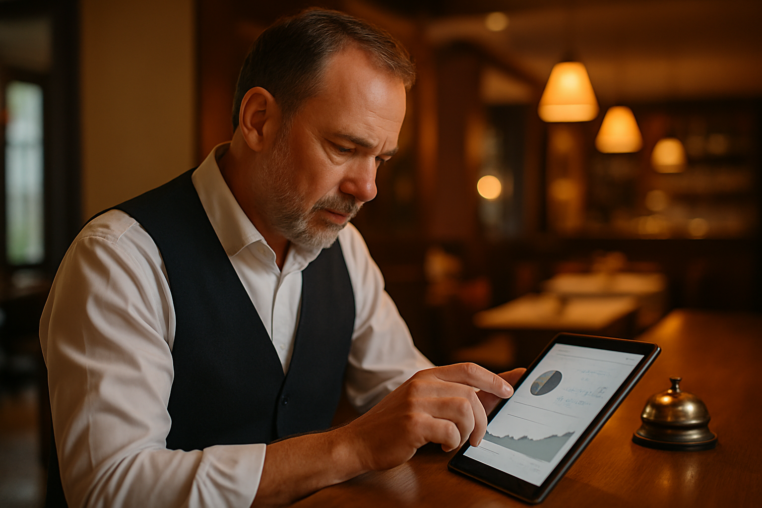 Hotelier prüft Website-Analyse auf einem Tablet an der Rezeption
