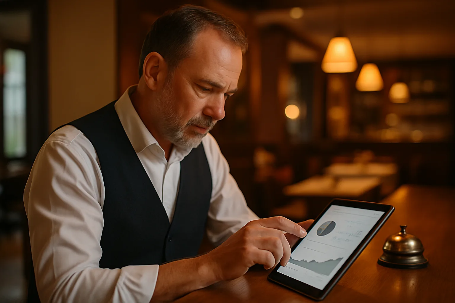 Hotelier prüft Website-Analyse auf einem Tablet an der Rezeption