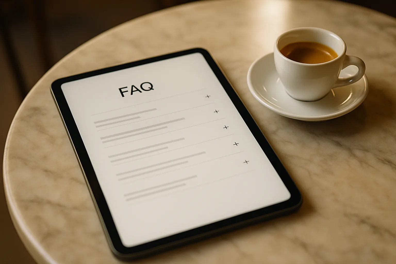 Page web bien structurée avec une FAQ claire, optimisée pour les moteurs IA, affichée sur une tablette.