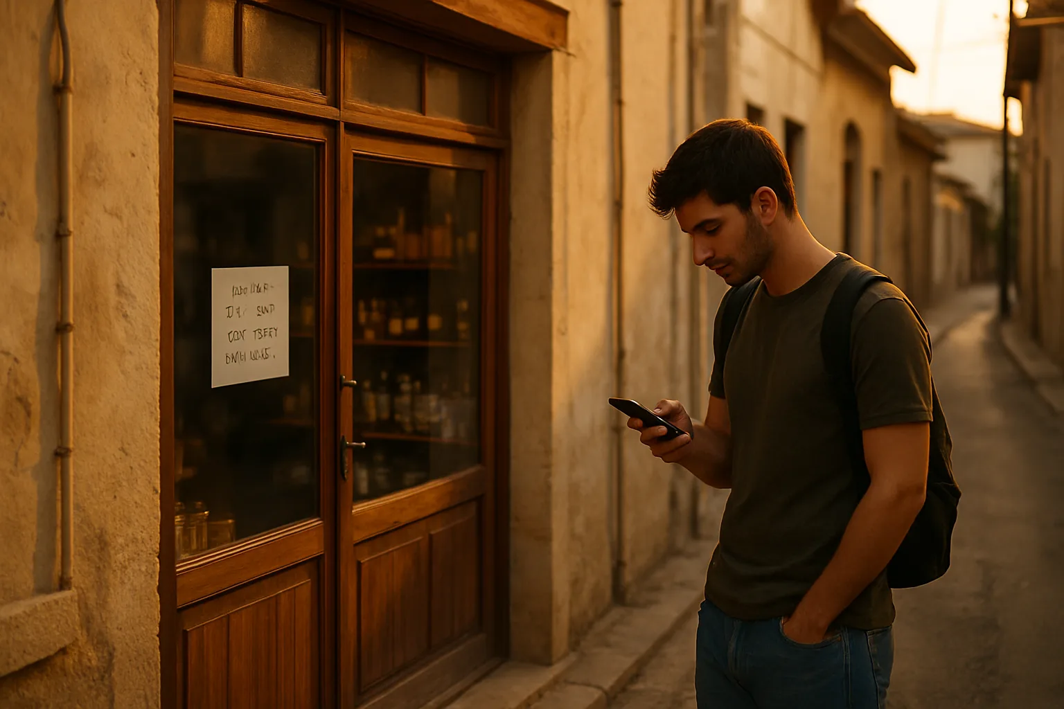 A small Cyprus business storefront with multilingual signage as a customer checks their phone