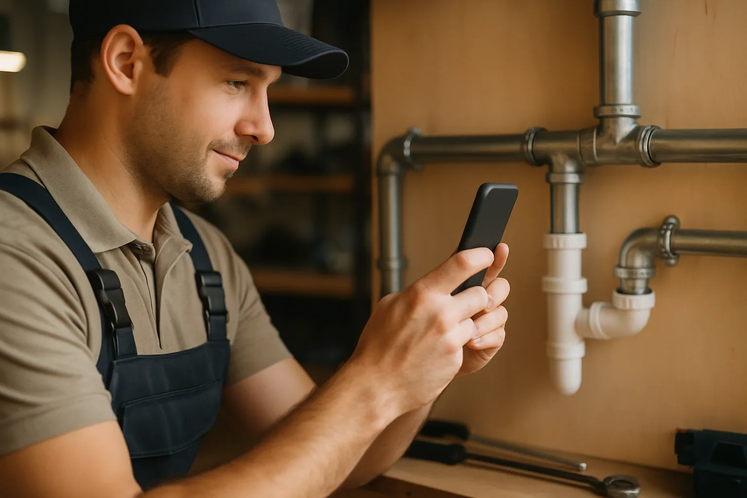 Klempner fotografiert fertige Arbeit mit dem Smartphone für das Google-Profil