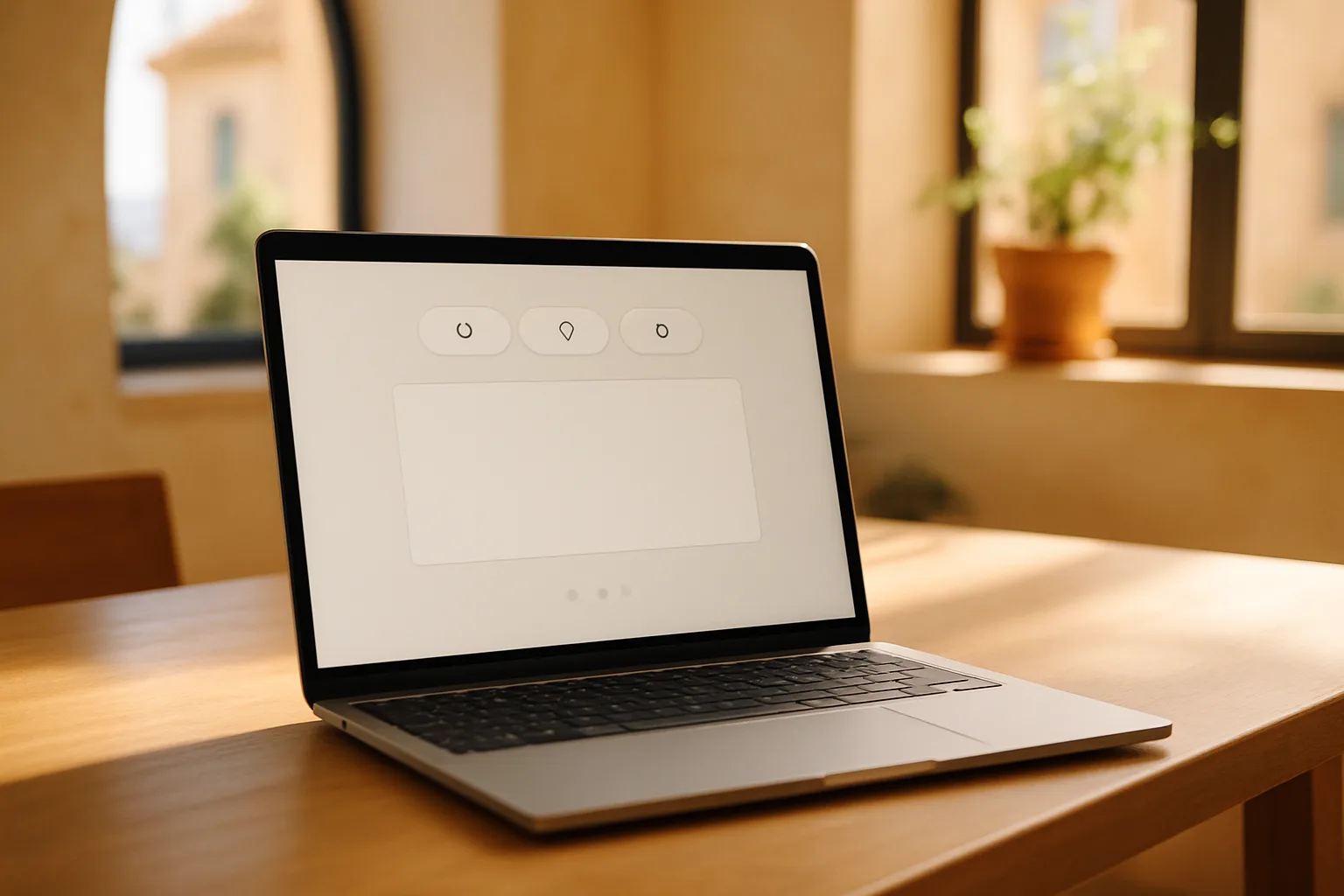 Laptop showing a clean trilingual website design in a Cypriot business office