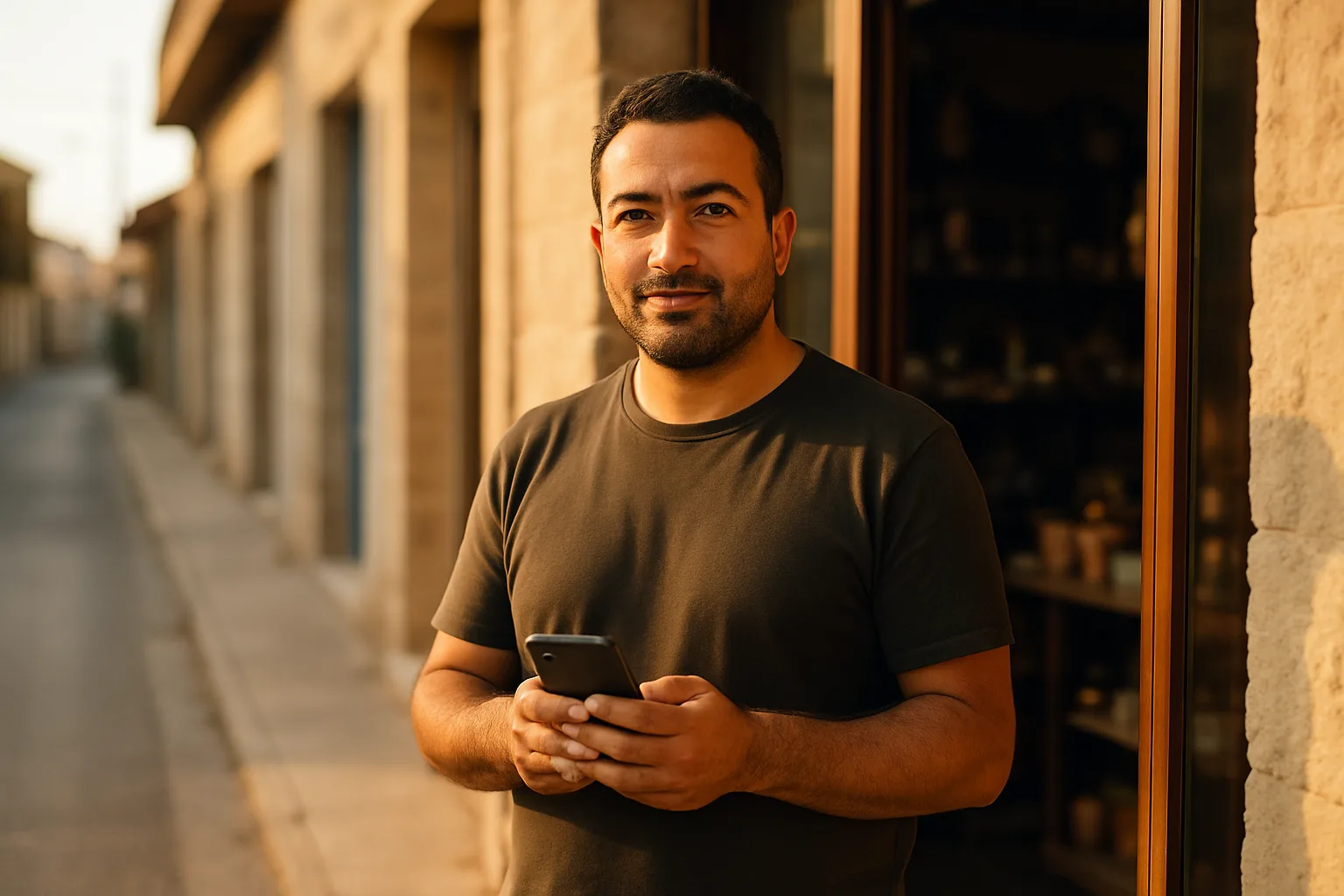 Small business owner in Larnaca looking at their new website on a smartphone outside their shop