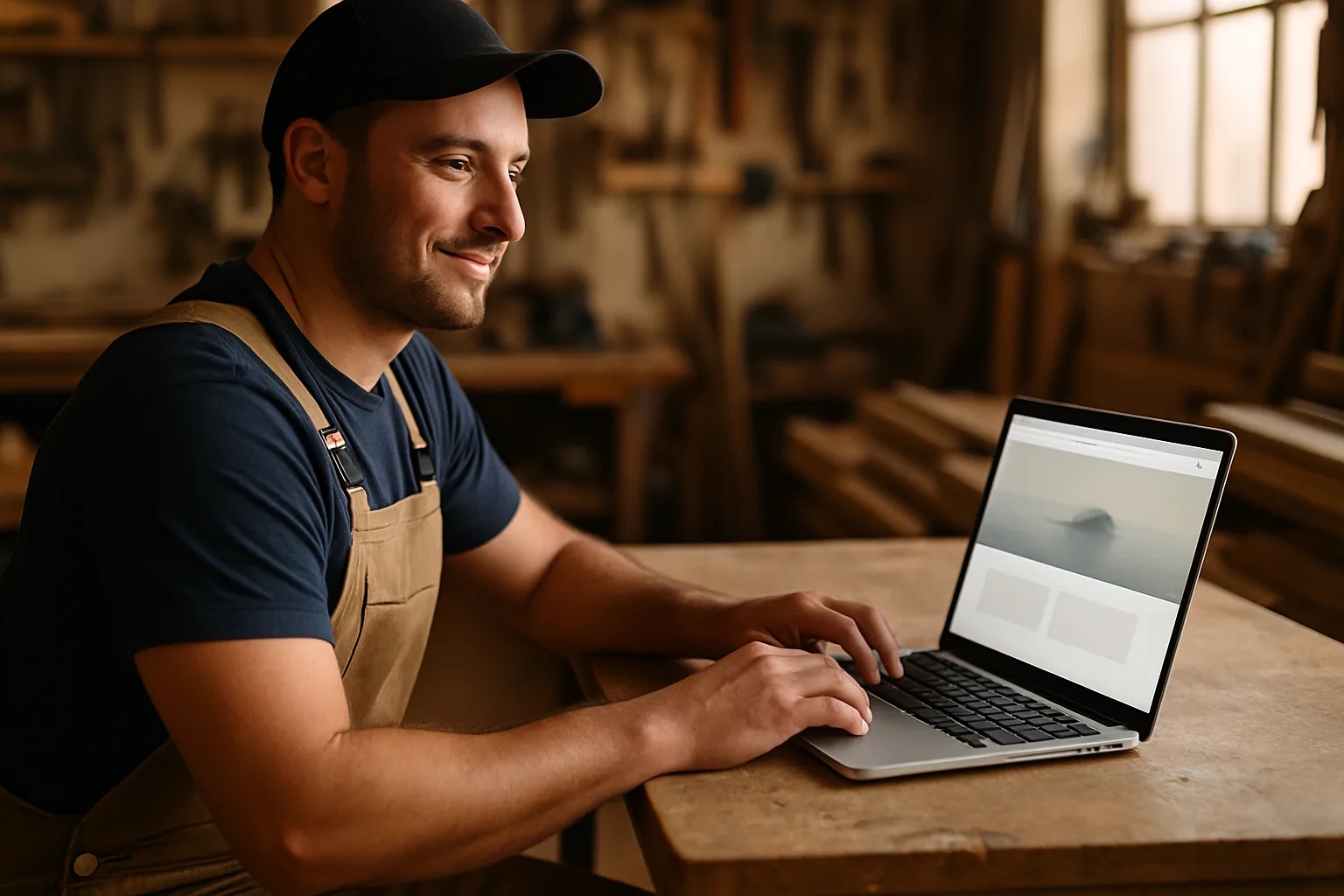 Handwerker betrachtet seine neue Website auf dem Laptop in der Werkstatt
