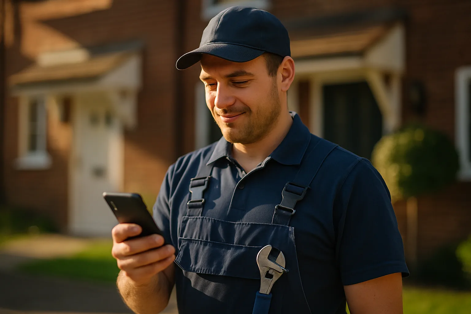 Installateur prüft Kundenanfragen auf dem Smartphone nach einem Einsatz