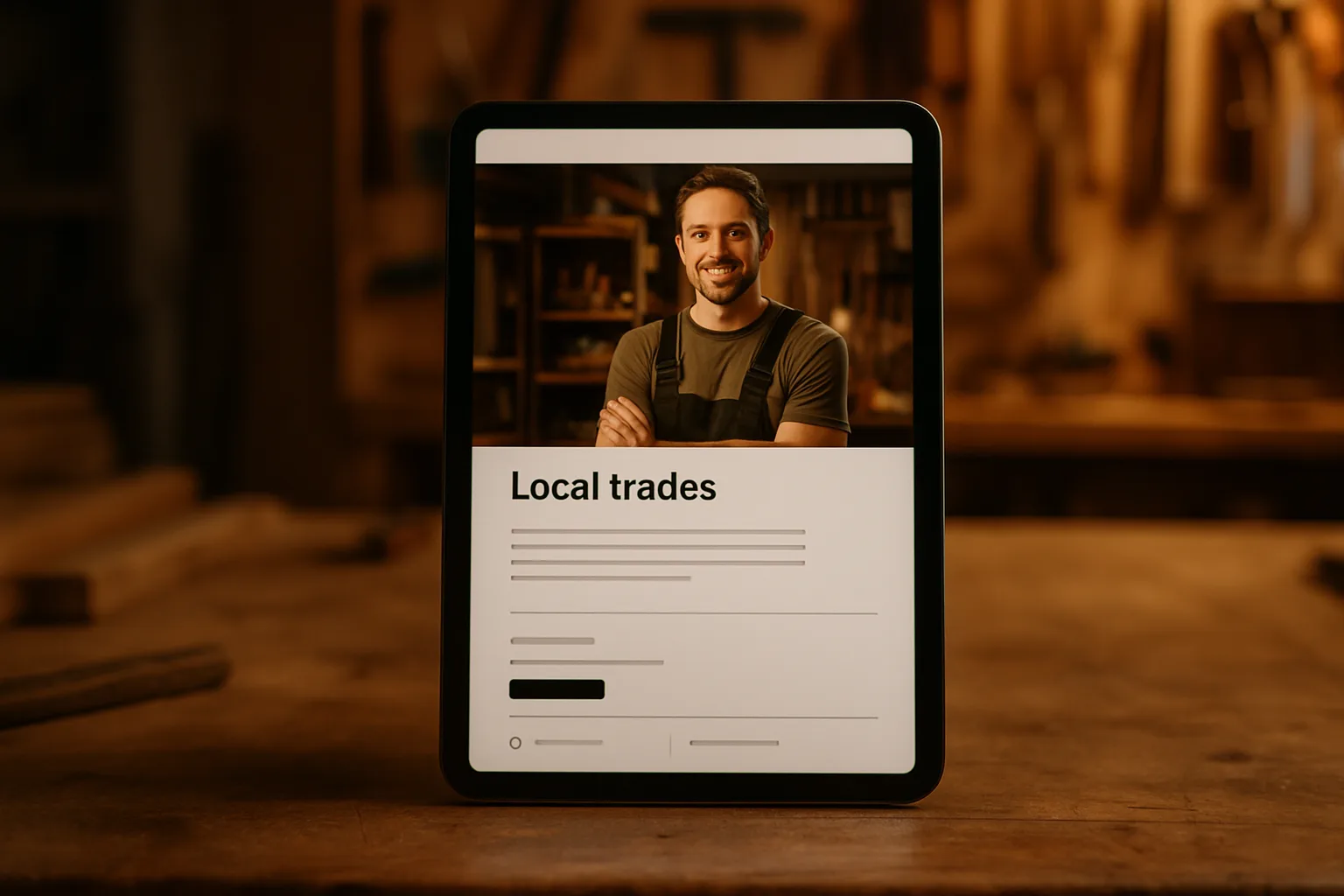 Professionelle Handwerker-Homepage auf einem Tablet in einer Werkstatt
