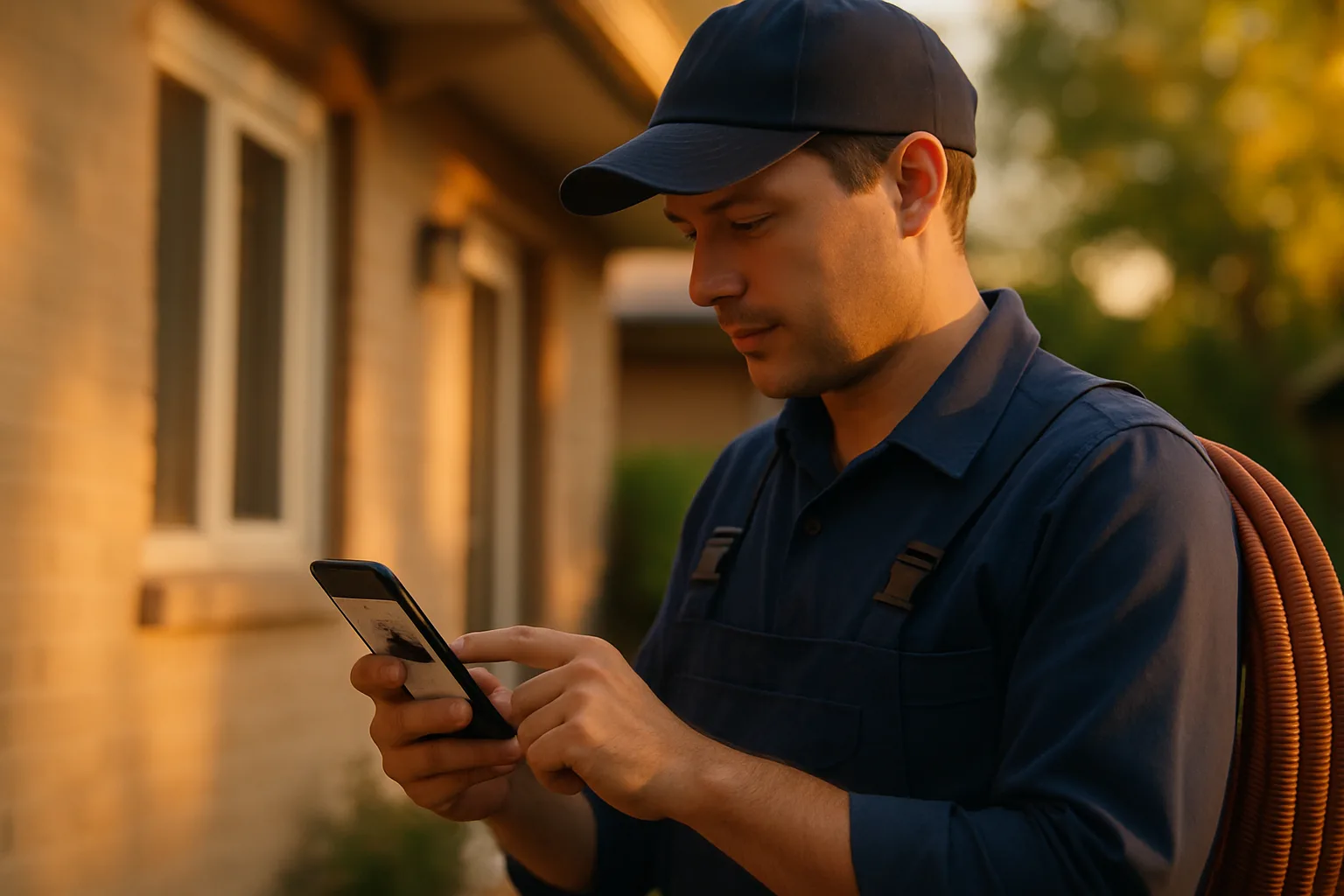 Klempner schaut auf sein Smartphone und findet den Betrieb über eine professionelle Handwerker-Website