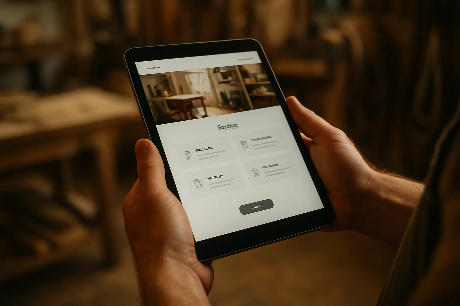 Tablet mit einer fertig gestalteten Handwerker-Website zeigt Leistungen und Kontaktmöglichkeit