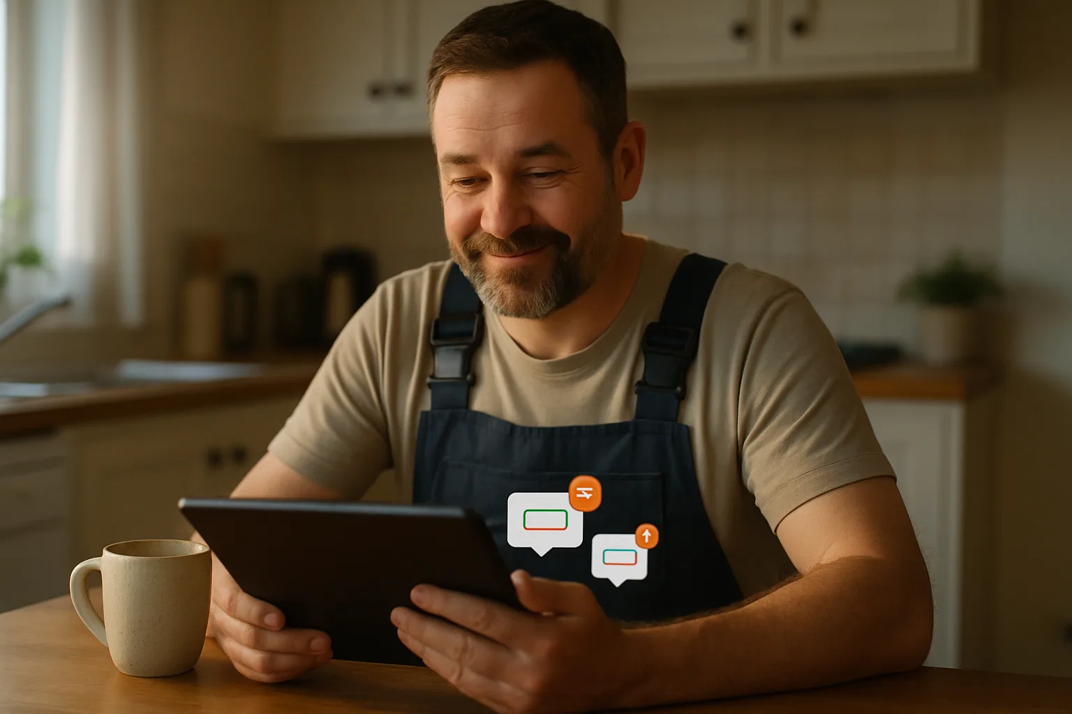 Handwerksbetrieb-Inhaber erhält neue Auftragsanfragen über seine Website auf dem Tablet