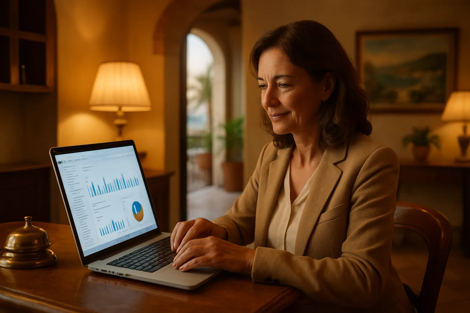 Titolare di albergo che controlla le prenotazioni dirette sul laptop alla reception