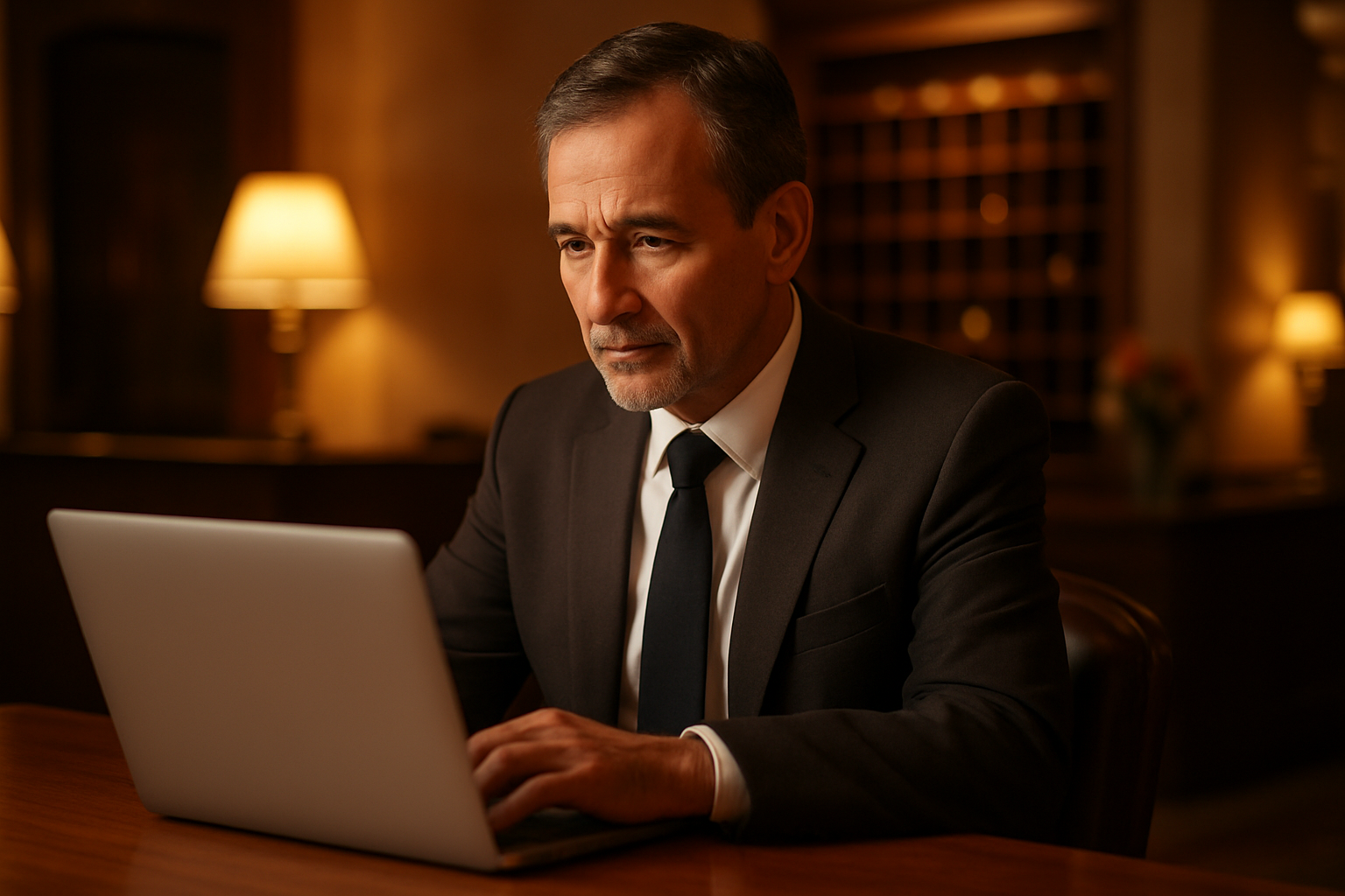 Hotelier überprüft die Online-Sichtbarkeit seines Hotels am Empfangstresen